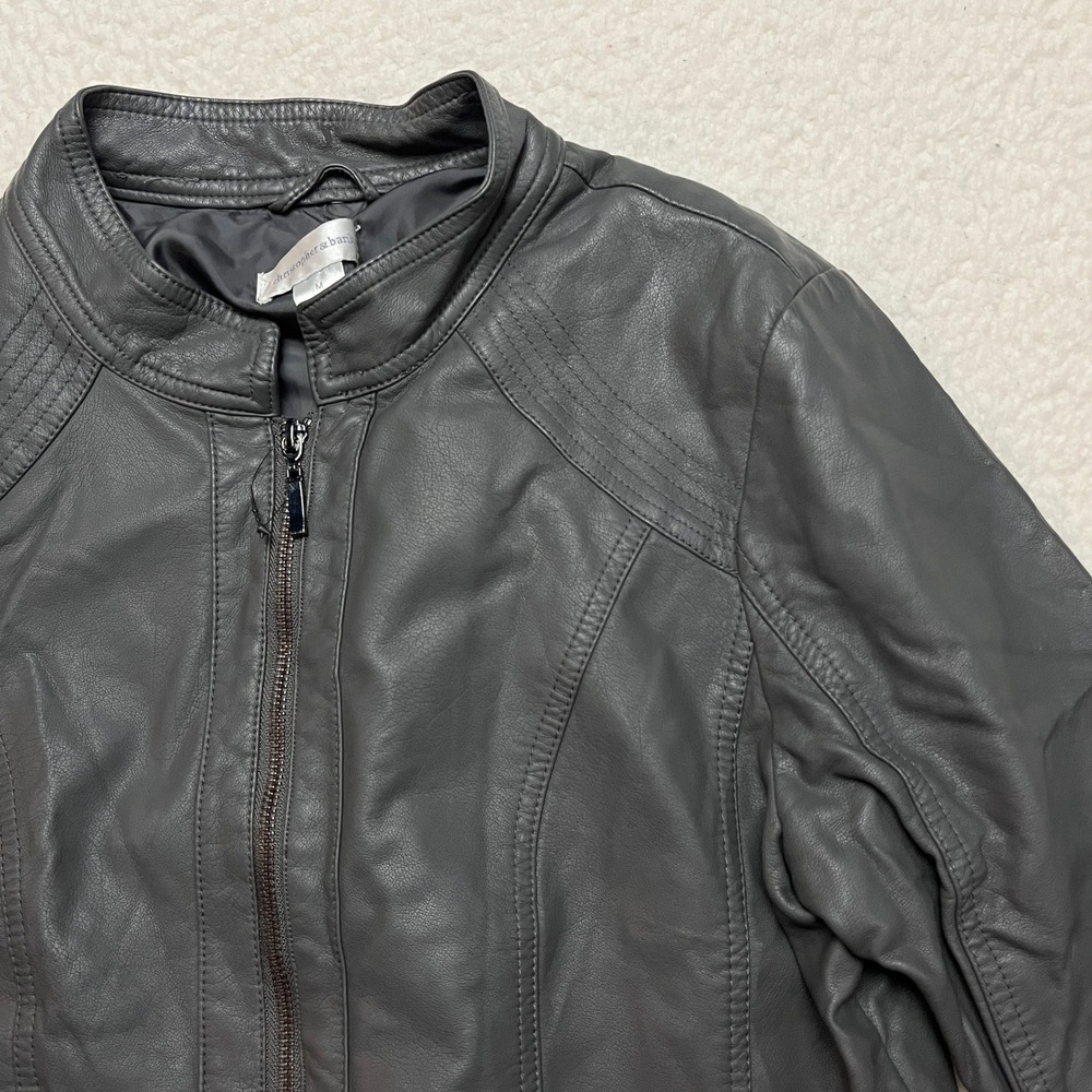 Christopher & Banks Jacket Women M Grey Faux Leather Moto Biker Zip Up Mock Neck